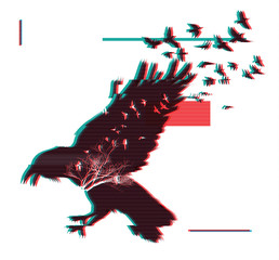 Flying raven. Double exposure effect with glitch error