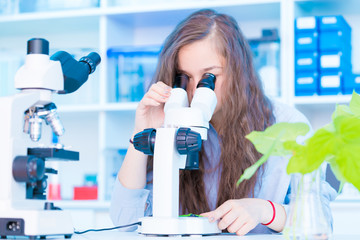 schoolgirl in a class of biology is studying a green plant