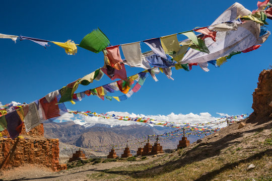 Nepal - Upper Mustang - Prayer flags at Ghar Gumba monastery, Lo Gekar
