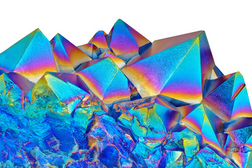 Amazing closeup of Blue Amethyst Quartz Rainbow Titanium Coating Aura Crystal cluster on white...