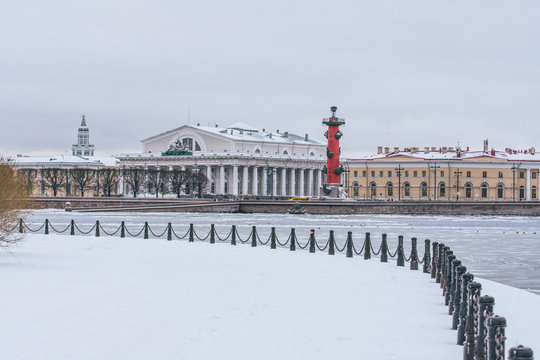 Arrows of Vasilievsky Island on a winter frosty day. Saint-Petersburg, Russia.