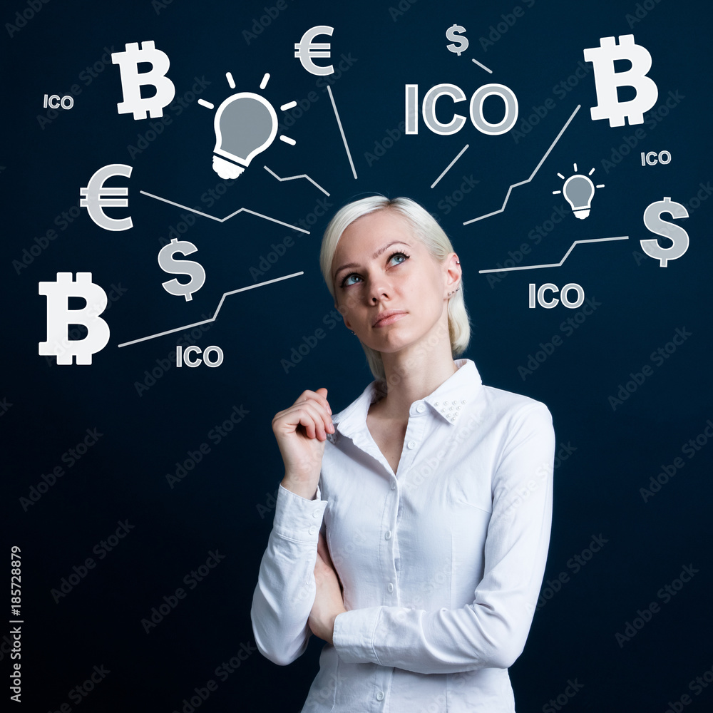 Poster businessman thinks about currencies button ico initial coin offering chart diagram on virtual digita
