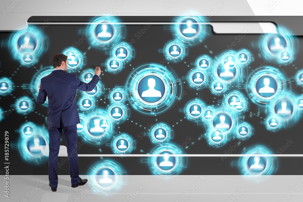 Poster Businessman using social network interface on a board 3D rendering