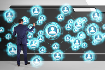 Businessman using social network interface on a board 3D rendering