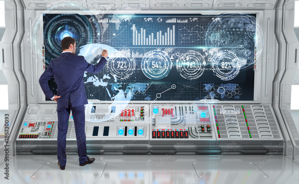 Poster Businessman using graph screens interface on a board 3D rendering