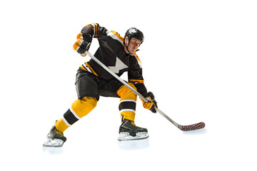 one caucasian man hockey player in studio silhouette isolated on white background
