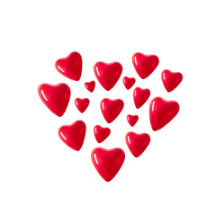 Red heart shaped balloons in shape of heart on a white background.