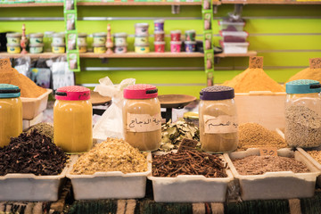 Selection of spices on a traditional Moroccan market (souk) in Marrakech, Morocco