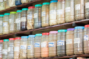 Selection of spices on a traditional Moroccan market (souk) in Marrakech, Morocco