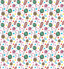 Vector lollipops seamless pattern. Cartoon doodle sweet candy background.