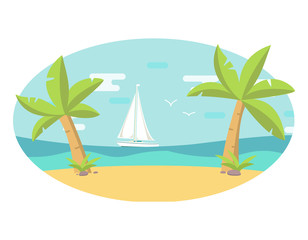 Fototapeta na wymiar Summer holiday in the tropical resort.The seashore with the beach sandy.Luxury sailing yacht.A tropical landscape paradise with palm trees and seagulls.Flat style a vector.Sea vessel floats on water.