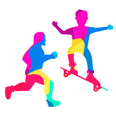 Fototapeta na wymiar Double exposure. Athlete running sports man .Colorful figure. Skateboarder young man.In flat style a vector. Street sport.