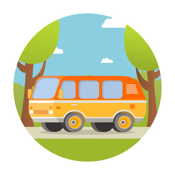 Road travel. A trip on the wood during week-end on a kamping in the van. The car goes on the way to a roadside trees. In flat style a vector. A concept of design of an icon for the websites.