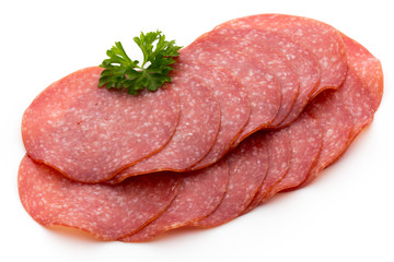 Salami slices isolated on white background.