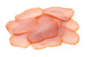 Sliced boiled ham sausage isolated on white background, top view.