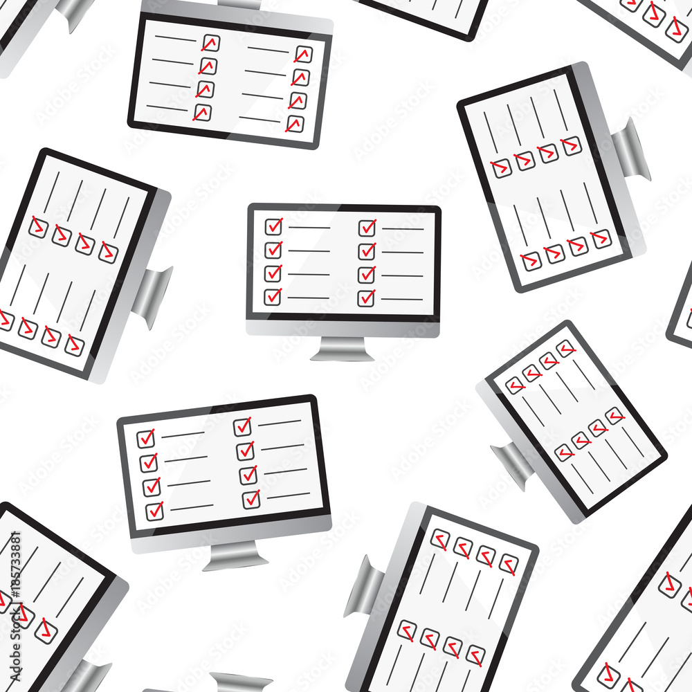 Poster businessman checklist with computer monitor seamless pattern background. business flat vector illust