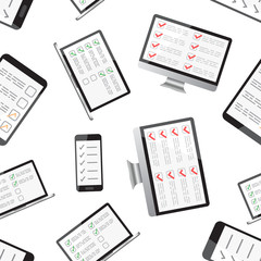 Fototapeta na wymiar Online survey, checklist seamless pattern background. Business flat vector illustration. Checklist, task list with tablet, computer, mobile symbol pattern.