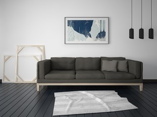 Mock up a modern living room with stylish furniture and white background.