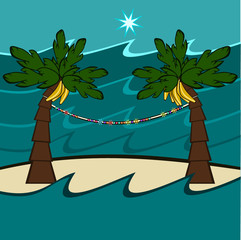 Decorated banana palms trees under a lighted star on an island in the sea.