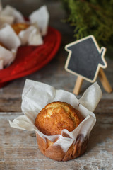 Festive cupcakes on a wood surface