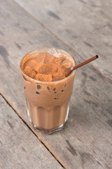 Iced cocoa on wood table,food and drink.