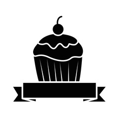 sweet cupcake emblem with ribbon vector illustration design