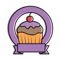 sweet cupcake emblem with ribbon vector illustration design