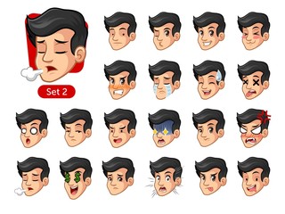 The second set of male facial emotions cartoon character design with black hair and different expressions, sad, tired, angry, die, mercenary, disappointed, shocked, tasty, etc. vector illustration.