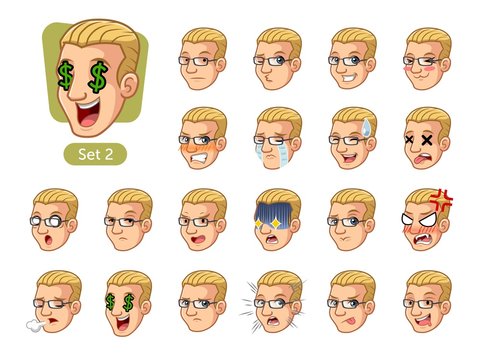 The second set of male facial emotions cartoon character design with blonde hair and different expressions, sad, tired, angry, die, mercenary, disappointed, shocked, tasty, etc. vector illustration.