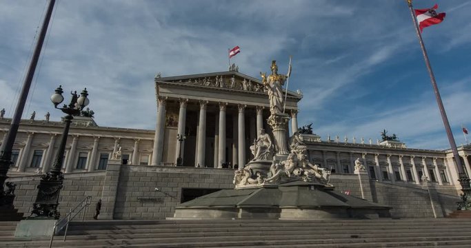 VIENNA, AUSTRIA &ndash; DECEMBER 2015 : Moving timelapse / hyperlapse of Vienna Parliament with Day to Night transition