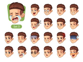 The third set of male facial emotions cartoon character design with red hair and different expressions, cry, sleep, pissed of, embarassed, fear, triumph, confused, fear, etc. vector illustration.
