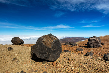 Teide National Park, Tenerife, Canary Islands - A view of `Teide Eggs', or in Spanish `Huevos del Teide'. These accretion balls form as pieces solidified lava roll over a still molten surface.