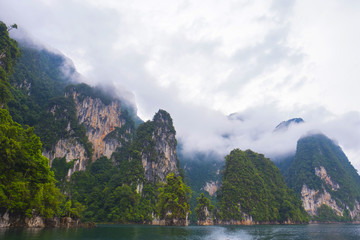 Landscape beautiful mountain in rainy season of Rajjaprabha Dam, Khao Sok National Park, southern Thailand