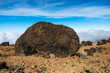 Fototapeta na wymiar Teide National Park, Tenerife, Canary Islands - A view of `Teide Eggs', or in Spanish `Huevos del Teide'. These accretion balls form as pieces solidified lava roll over a still molten surface.