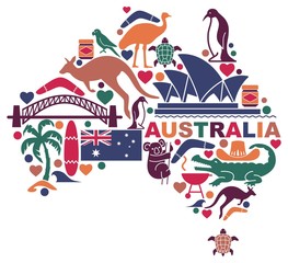 Australian icons in the form of a map - obrazy, fototapety, plakaty