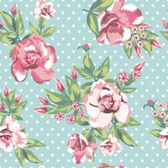 Wall murals Roses Rose flowers seamless pattern in white polka dots mint background