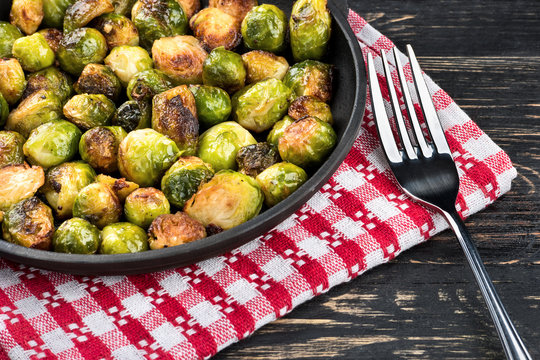 Fried brussels sprouts in a pan