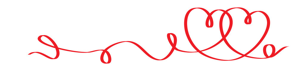 Calligraphy Red Heart Ribbon. Connected Red Calligraphy Hearts Ribbon Banner. Herzförmiges Geschenkband. Herzförmiges rotes Geschenkband.