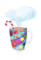 A big multicolored mug of coffee with Christmas red and white candy. Hand drawn watercolor illustration isolated on white.