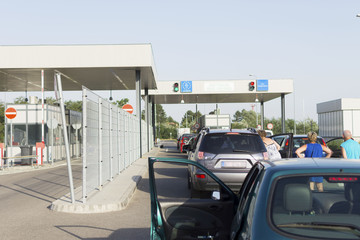 crowded at the border crossing in the afternoon 
