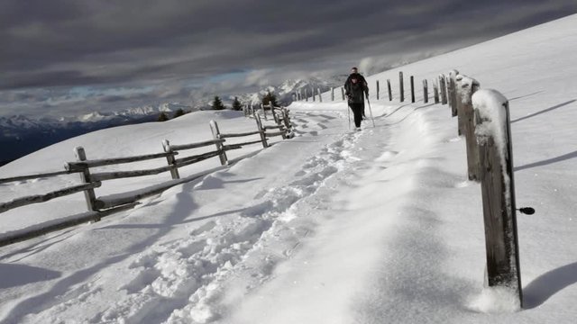 people hiking with dog in the snowy landscape in south tirol Italy Winter activities