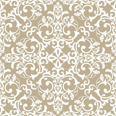  Wallpaper in the style of Baroque. A seamless vector background. Beige and white texture. Floral ornament. Graphic vector pattern