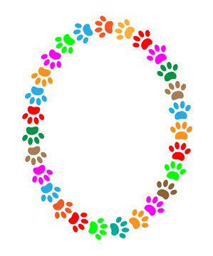 Oval frame of colorful paw prints animal with blank space for text.