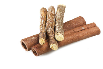 Cinnamon stick and Liqorice on the white