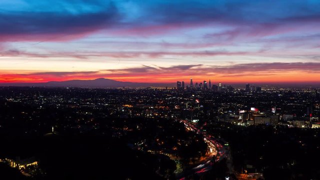 Los Angeles Skyline and Hollywood Beautiful Skyfire Sunrise