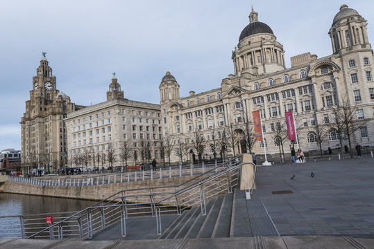 The Three Graces Royal Liver Building, Cunard Building and Port of Liverpool Building – stand on the Pier Head in Liverpool 