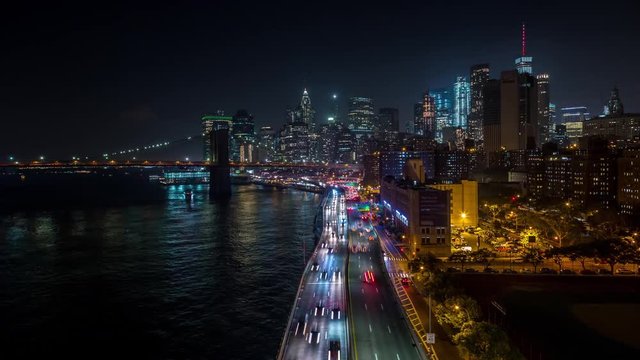 Lower Manhattan, Brooklyn Bridge and FDR Drive Traffic Night Timelapse