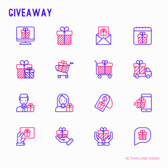 Giveaway or gifts thin line icons set: present in hand, trolley, cart, truck, envelope. Modern vector illustration.