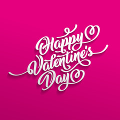 Happy Valentine s Day hand drawn brush lettering with shadow, isolated on crimson background. Perfect for holiday flat design. Vector illustration.