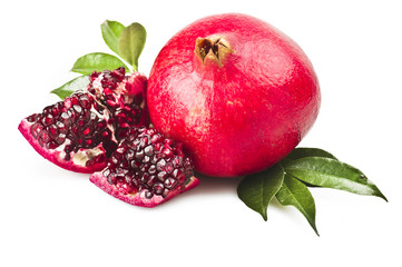 ripe pomegranate fruit and its grains on white background